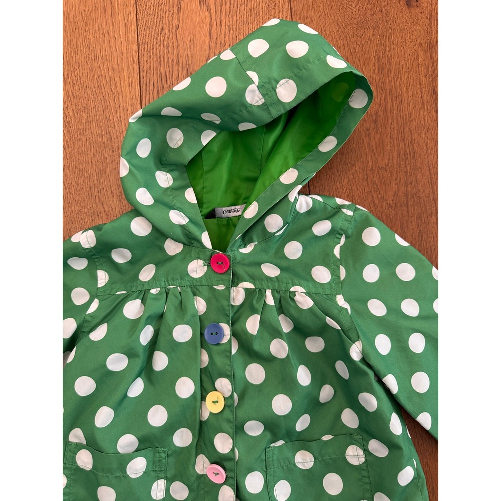 George Raincoat Girls 2-3 Green Polka Dot Excellent Hooded Swing Coat Buttons